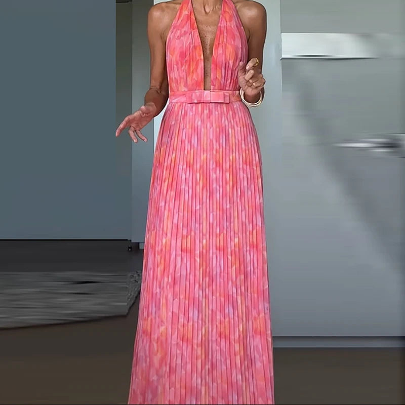 Sexy Low-cut V-neck Tie-up Evening Dress Women Fashion Pattern Print Pleated Long Dress Elegant Sleeveless Backless Party Dress
