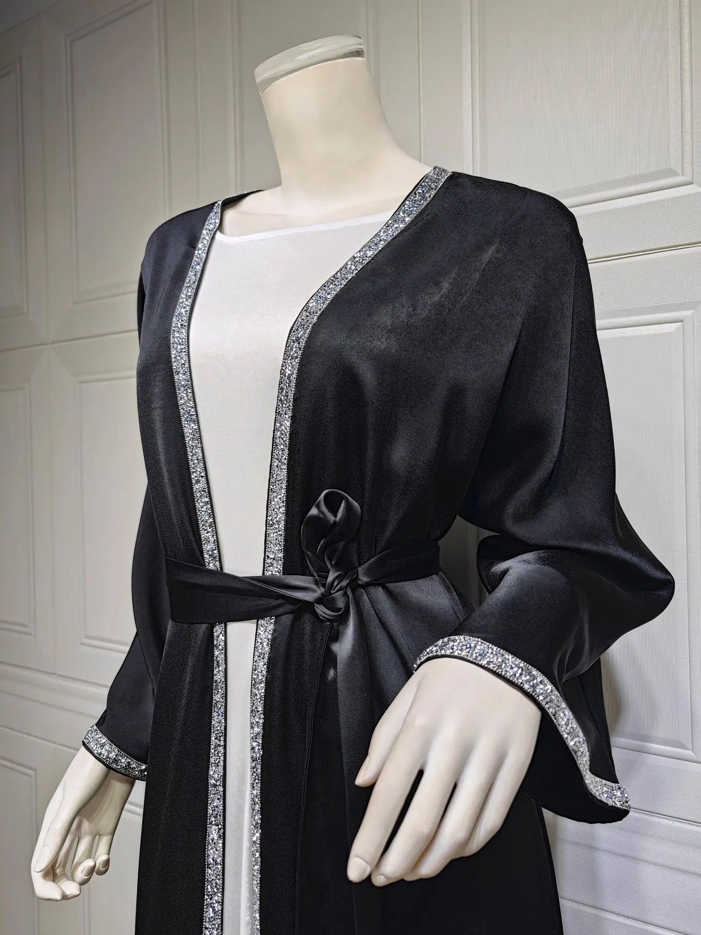 2024 Muslim Dress Diamond Women's Long Dress Fashion Long Sleeve Lace-up Long Abayas Casual Solid Color Clothes for Muslim Women