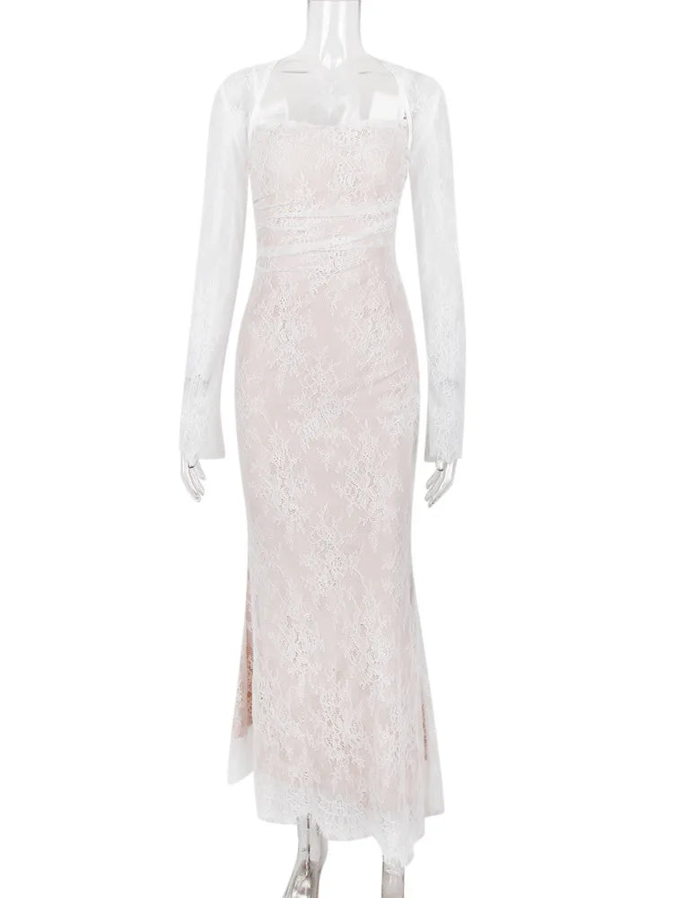 Mozision Elegant Lace Print Maxi Dress Set Women Fashion Spaghetti Strap Long Sleeve Bodycon Club Party Sexy Long Dress
