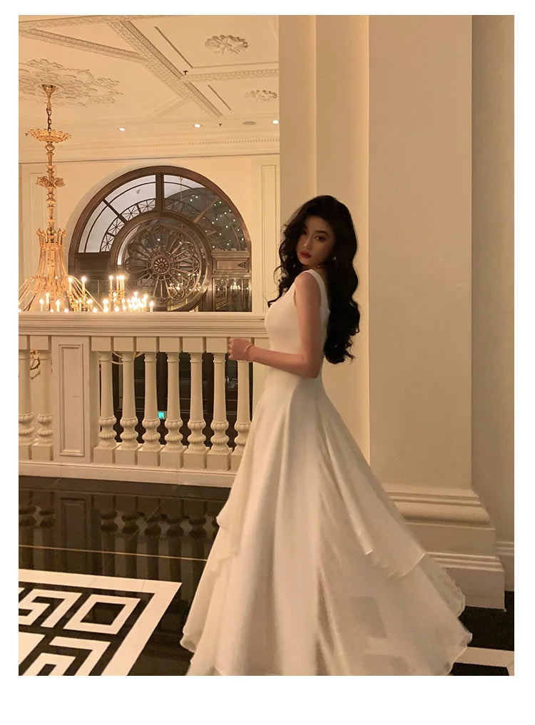 Summer Solid Elegant Camisole Long Dress Women Sweet Sleeveless A-Line Ruffles Fairy Dress Female Evening Party Vestidos Largos