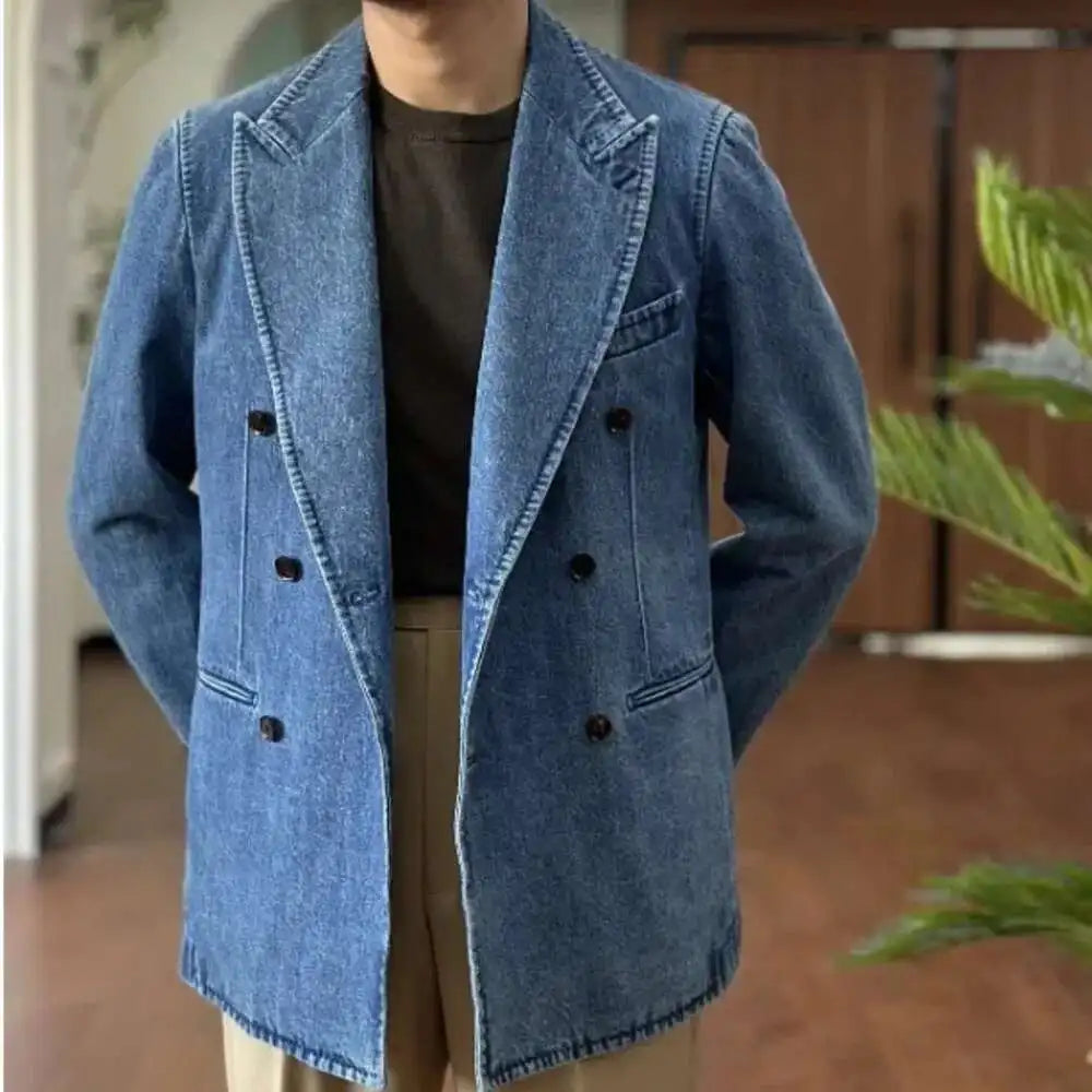 Autumn Denim Jacket Men Blazer Masculino Italian Style Double Breasted Blazer Men Lapel Collar Casual Business Blazer Hombre