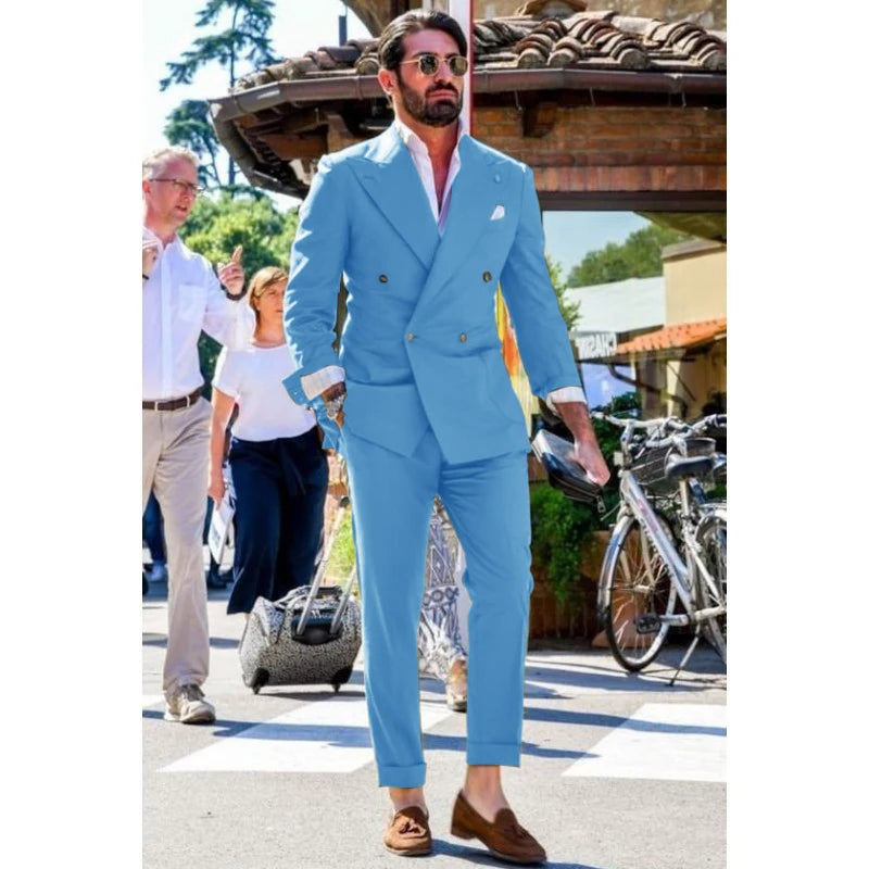 Men's Suit Two-piece Solid Color Double Breasted Fashion Spike Lapel Slim Fit Cropped Pants Casual Business Party Suits 2023