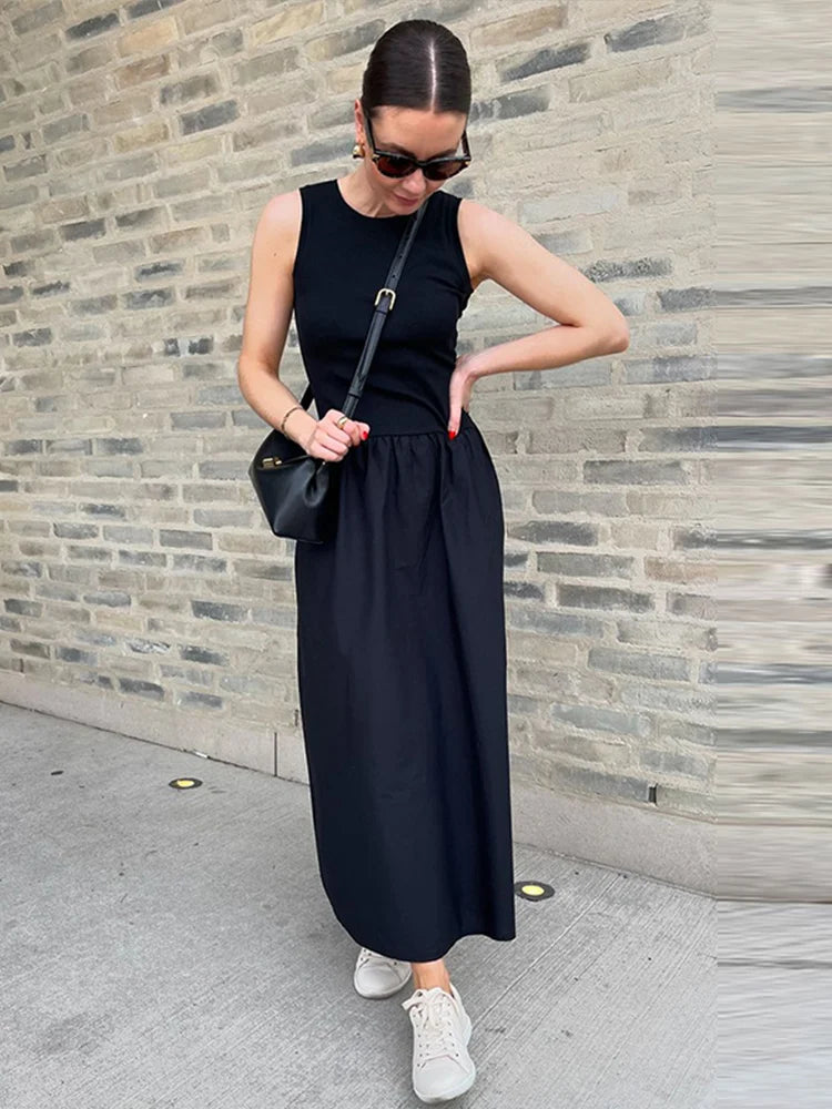 Fashion Patchwork Long Dress For Women Chic O-neck Sleeveless Party Midi Dresses Female Elegant Evening Holiday Lady Vestidos