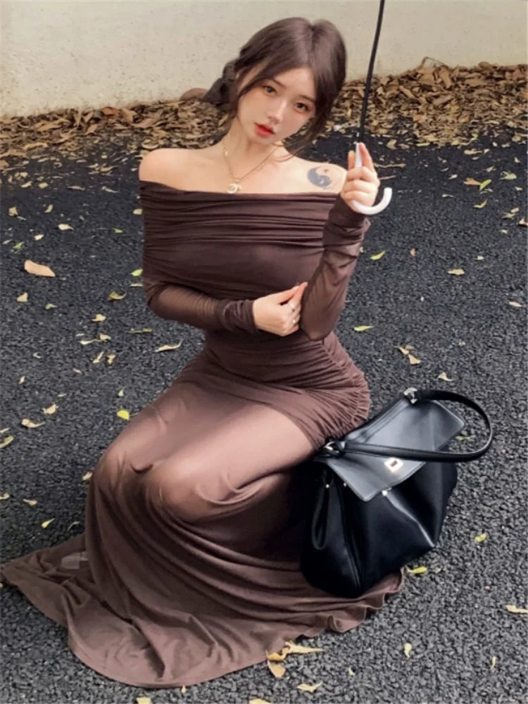 Women Long Sleeve Off Shoulder Coffee Long Dress New Spring Slash Neck Mesh Patchwork Dress Strapless Pleated Pencil Party Dress