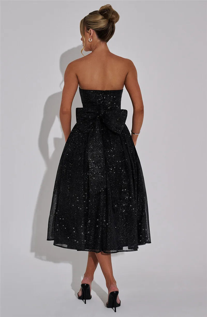 Mozision Off-shoulder Backless Bow Sexy Maxi Dress For Women Strapless Sleeveless A-line Loose Pleated Sexy Long Dress Clubwear