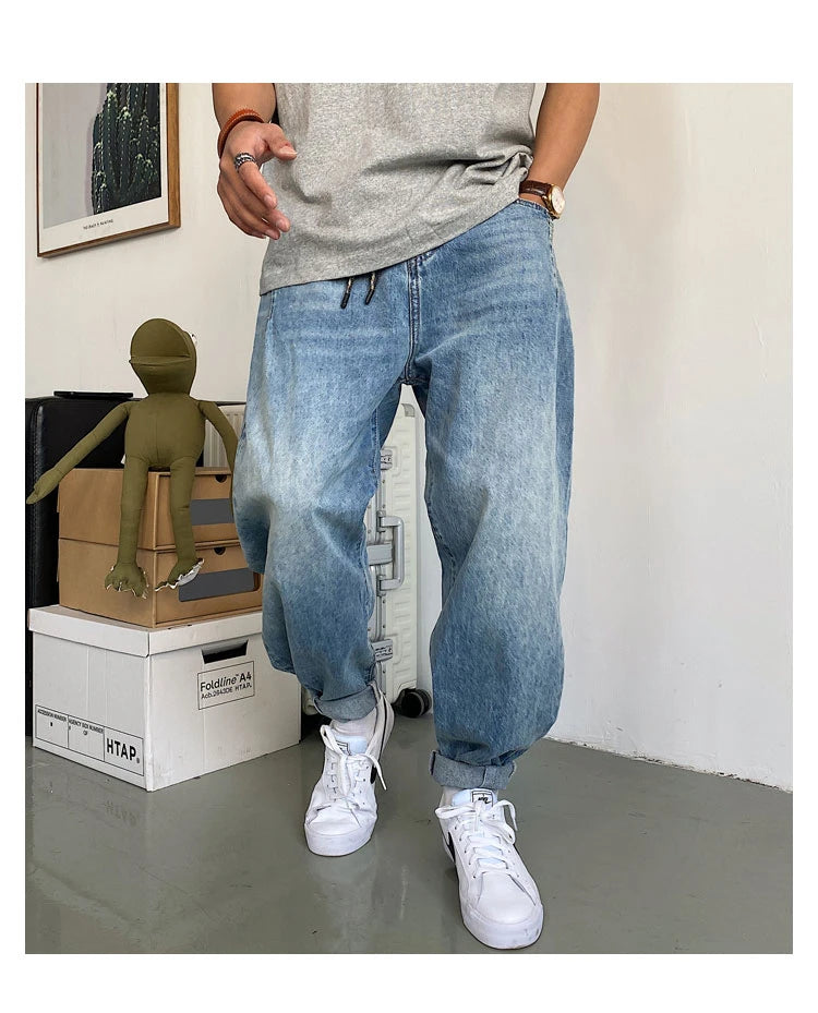 Spring Autumn Japanese Streetwear Retro Casual Denim Cargo Pants Men Clothing Loose Straight Harem Trousers Harajuku Jeans