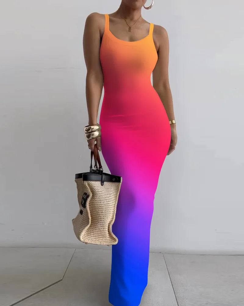 Dresses For Women 2024 Sexy Spaghetti Strap Color Printed Long Dress Evening Y2k Sleeveless Solid Skinny Bodycon Maxi Vestidos