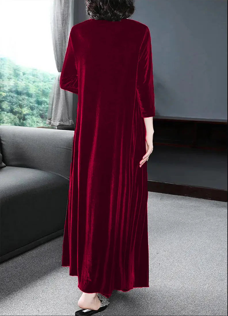 Spring and Summer New Gold Velvet European and American Slim Style Round Neck Long Dress