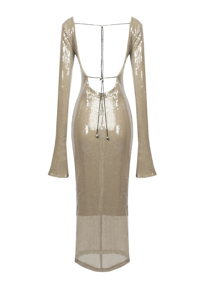 BEVENCCEL Sexy Luxury Sequins Deep V Long Sleeve Backless Sequins Long Dress Elegant Bodycon Maxi Evening Party Clubwear Dress
