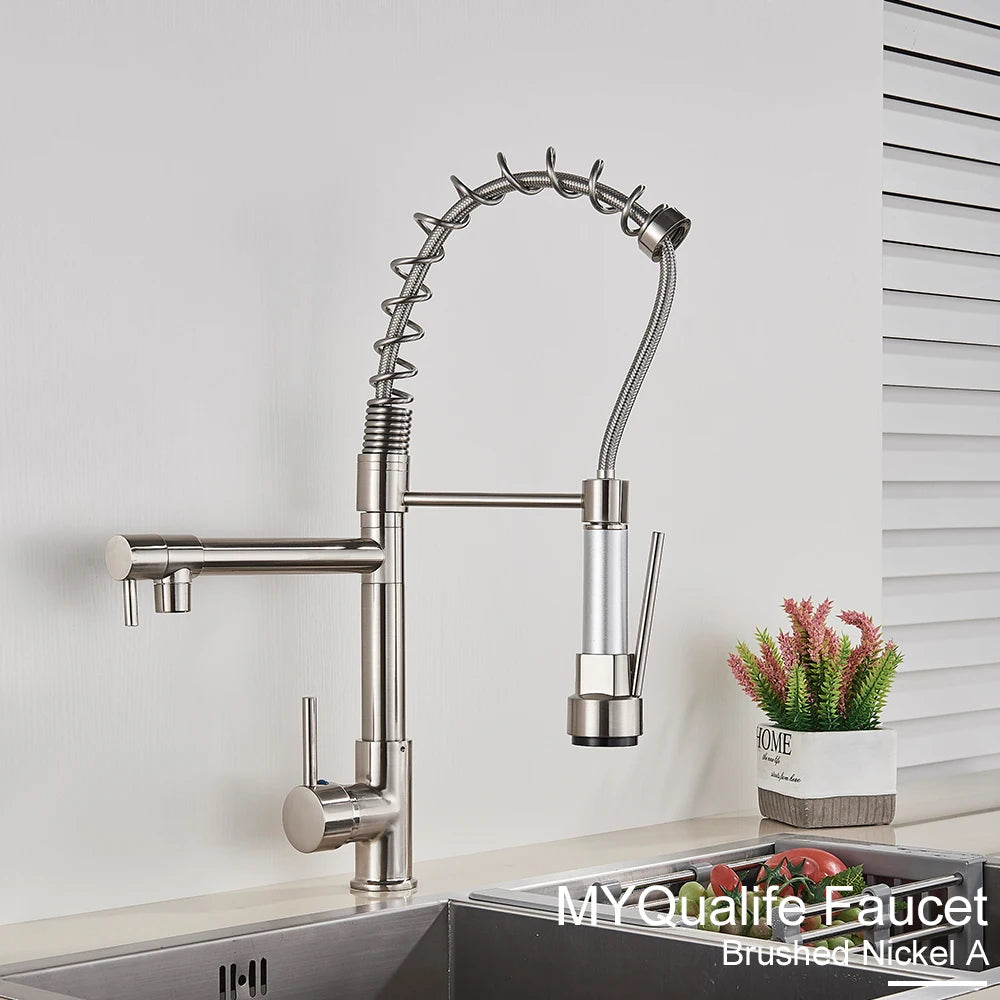 Black Pull Down Kitchen Sink Faucet Hot Cold Water Mixer Crane Tap with Dual Spout 360 Rotation High Faucet Deck Mounted