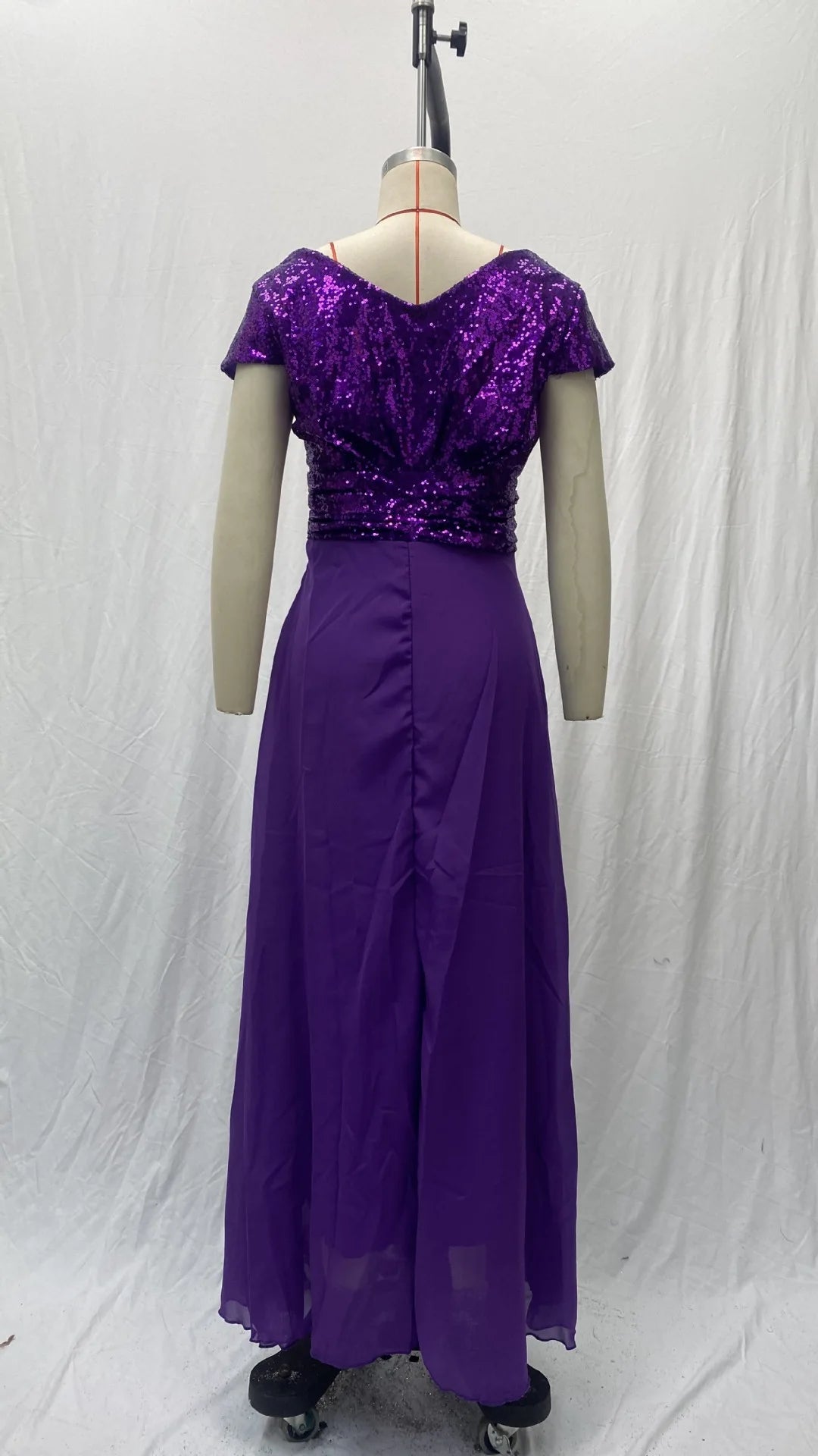 Elegant Sequins Chiffon Dress for Women V Neck Pleated Hem Female Sequins Chiffon Prom Cocktail Long Dress Wedding Evening Dress