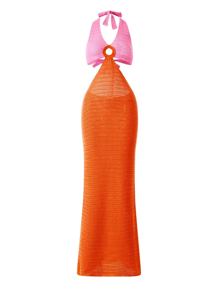 Y2K Cut Out Knitted Long Dress Women Contrast Sleeveless Halter V Neck Backless Dress Summer Bohemian Beach Sexy Dresses Female