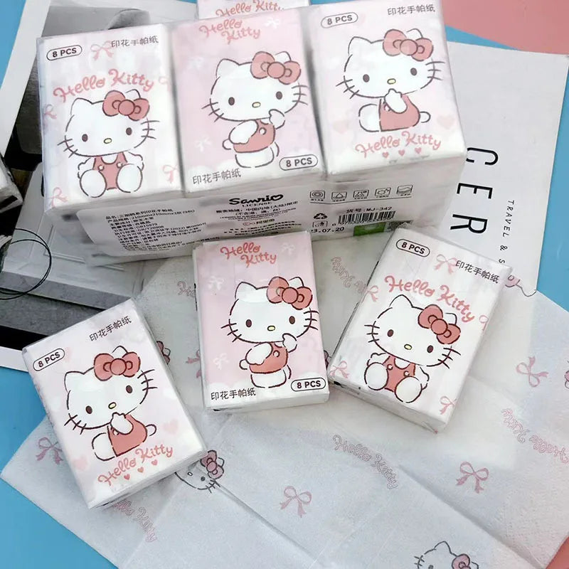 Kawaii Hello Kitty Handkerchief Paper Cartoon Sanrio Pochacco Kitty Printed Napkins Portable Small Pocket Tissues Facial Paper