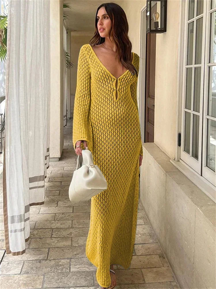 TARUXY Crochet Beach Maxi Dress Women's Sexy Knitted Hollow Bikini Swimsuit Cover-Up Sun Protection Dress See Through Slim Lady