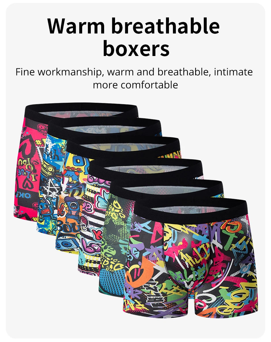 6 Pcs Parent-child Fashion Printed Underwear Men's Multi-size Long Boyshort Teenagers Comfortable And Versatile Elastic Waist S