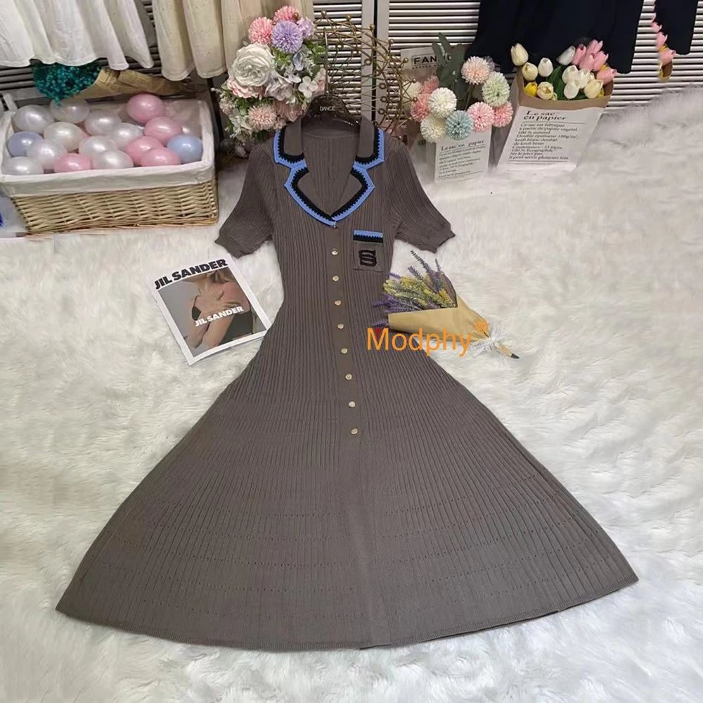 Modphy 2025 Elegant Slim Knitted Long Dress Women's Letter Single Breasted Long Sleeved Designer Vintage Dresses Autumn