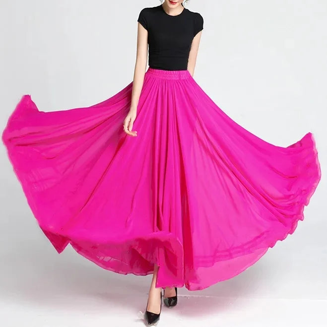 720 Degree Wide Dancing Skirt Chiffon Double Layer Semi-Long Dress Women's Solid Color Xinjiang Dance Skirt