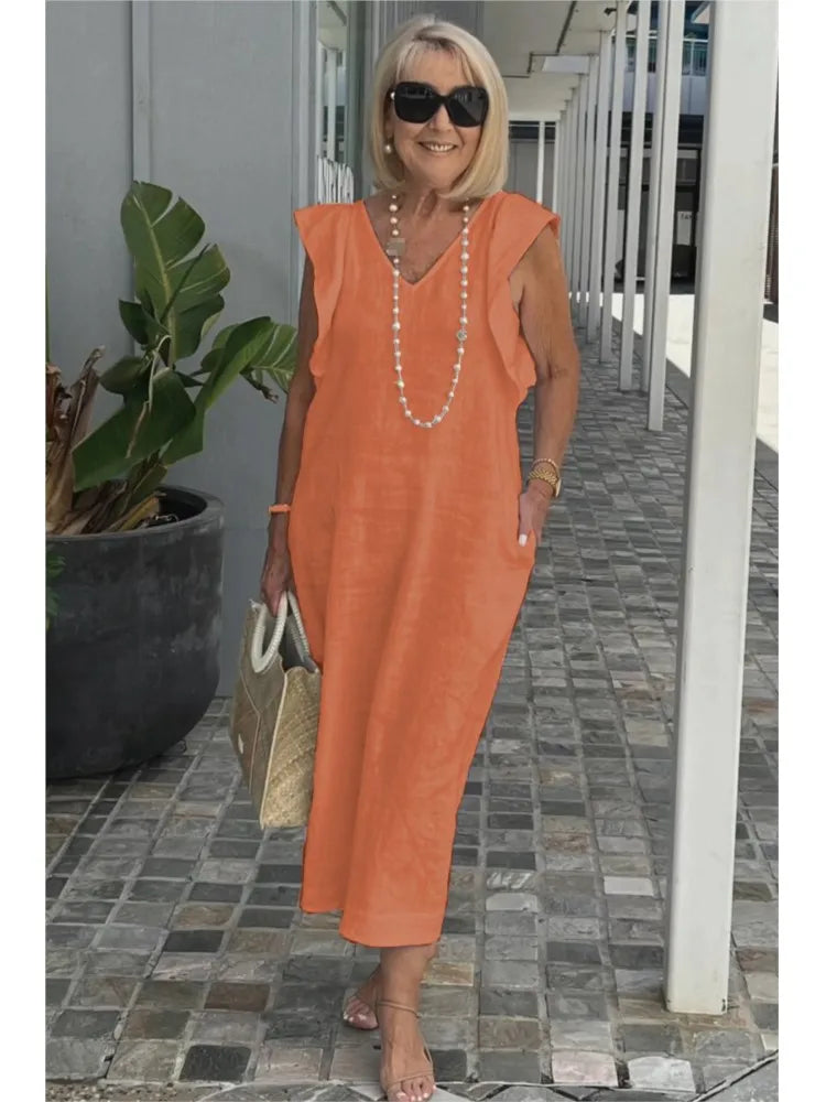 Summer Cotton And Linen Dress For Women Fashion Flying Sleeves Strappy Back Solid Color Loose Long Dress Elegant Robe Femme