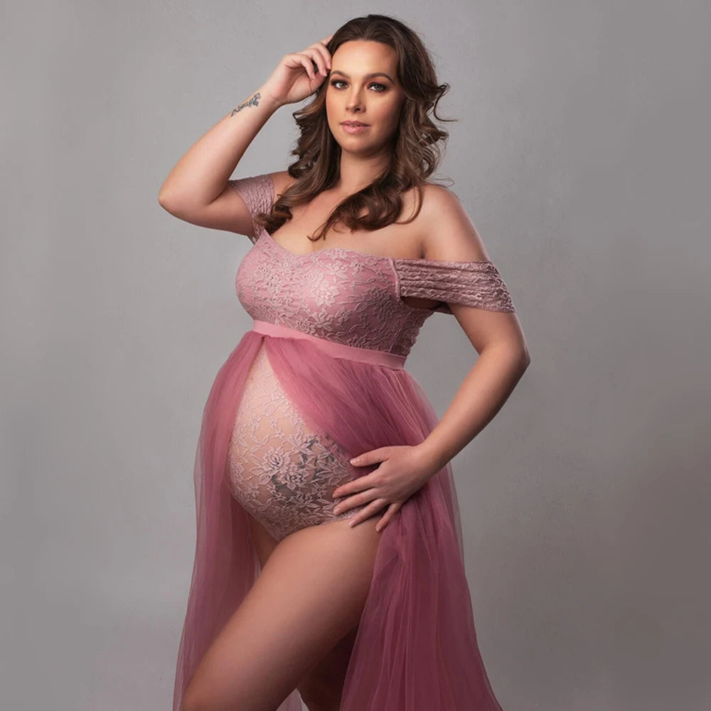 Bohemian Photo Shooting Pregnancy Dress Lace Bodysuit Tulle Long Dress Boho Style Maternity Dresses For Photo Shoot