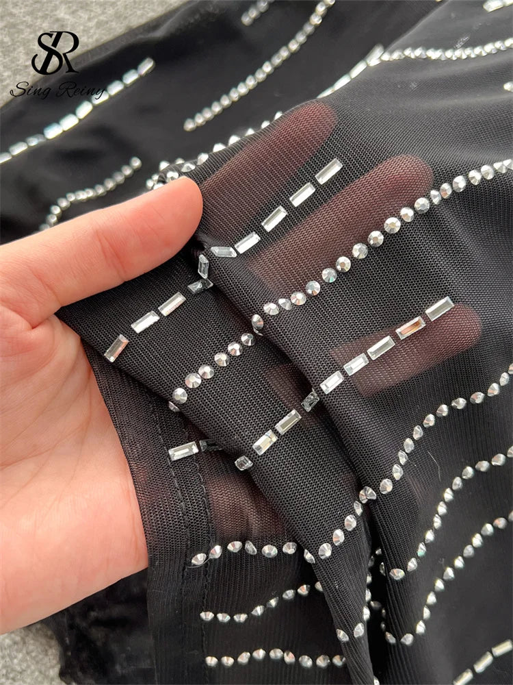 SINGREINY 2024 New Fashion Bodycon Long Dress Europen O Neck Long Sleeve Feather Female Senior Mesh Transparent Diamonds Dress