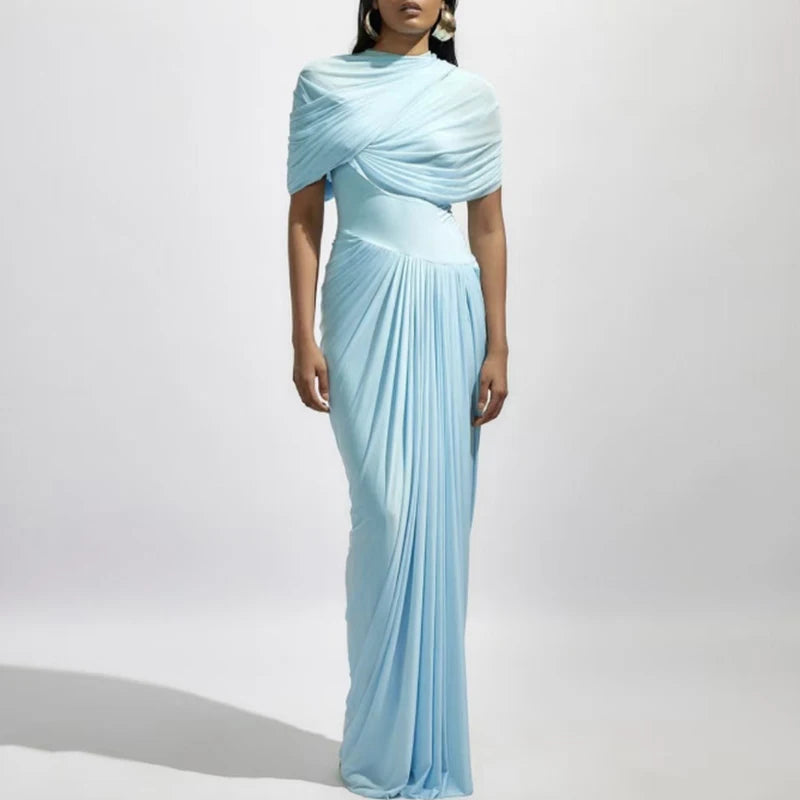 Elegant O Neck Pleated Slim Evening Dress Fashion Summer Short Sleeved High Waist Long Dress Casual 2025 Street Solid Robe Dress