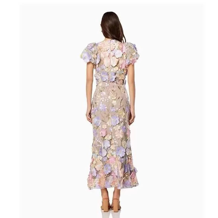 Women Long Dress Commuter Round Neck Embroidered Three-dimensional Floral Puff Sleeves Elegant High Waist Wrap The Buttocks