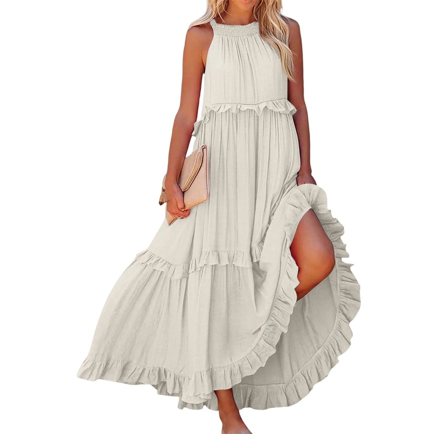 Women's Ruffled hem layered long dresses Summer Sleeveless backless dress Fashion Long Dress Big Swing Beach Dress vestidos