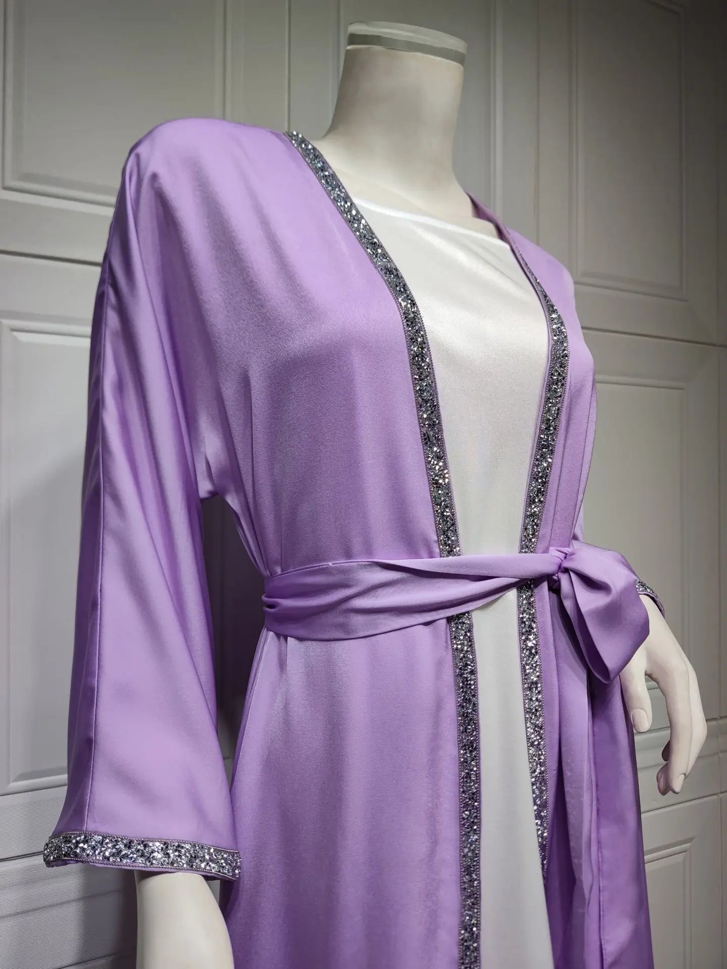 2024 Muslim Dress Diamond Women's Long Dress Fashion Long Sleeve Lace-up Long Abayas Casual Solid Color Clothes for Muslim Women