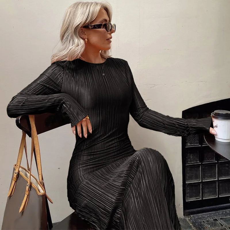 Dulzura Women 2024 Autumn Winter Fashion Long Sleeve Streetwear Bodycon Black Long Dress Wholesale Items For Business