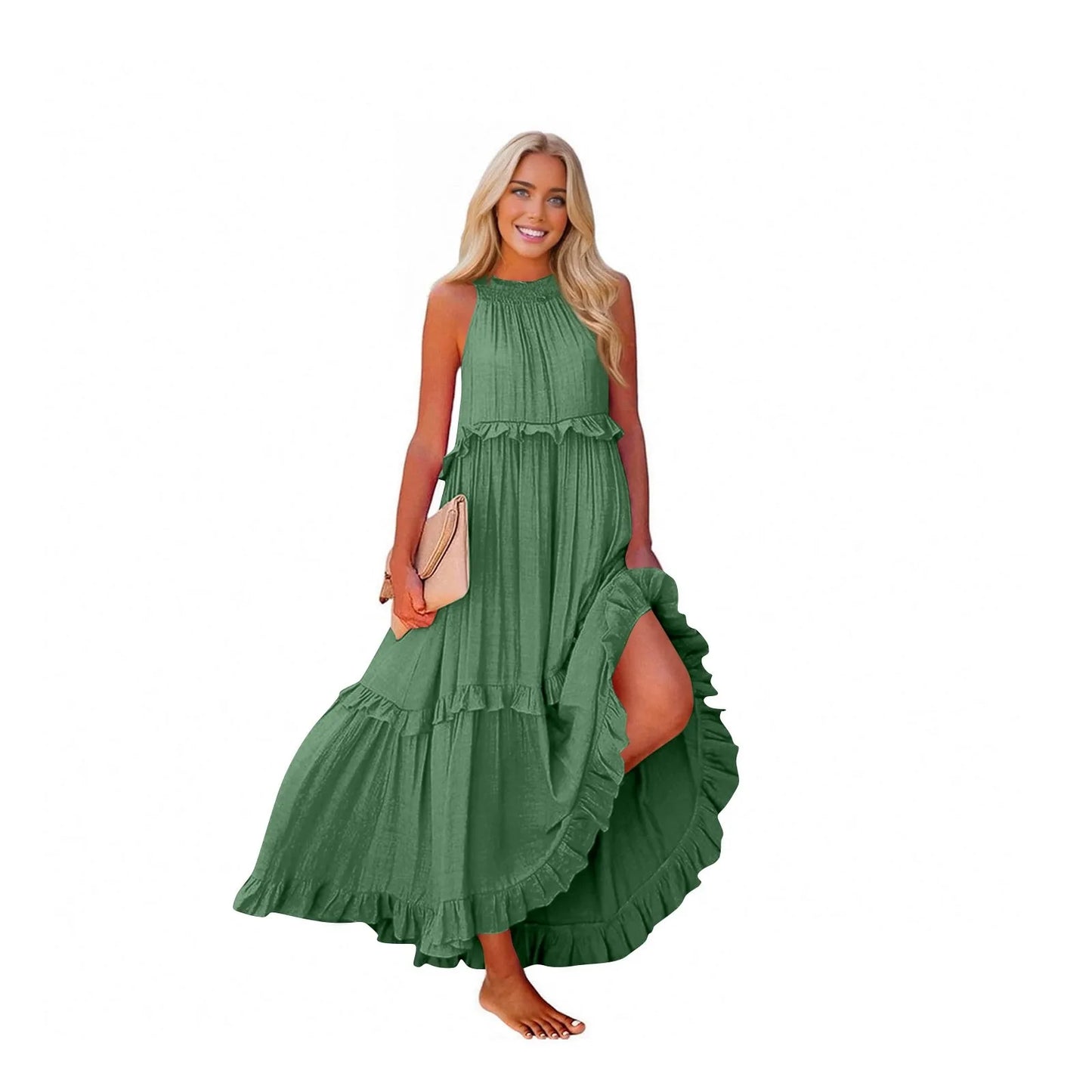 Women's Ruffled hem layered long dresses Summer Sleeveless backless dress Fashion Long Dress Big Swing Beach Dress vestidos