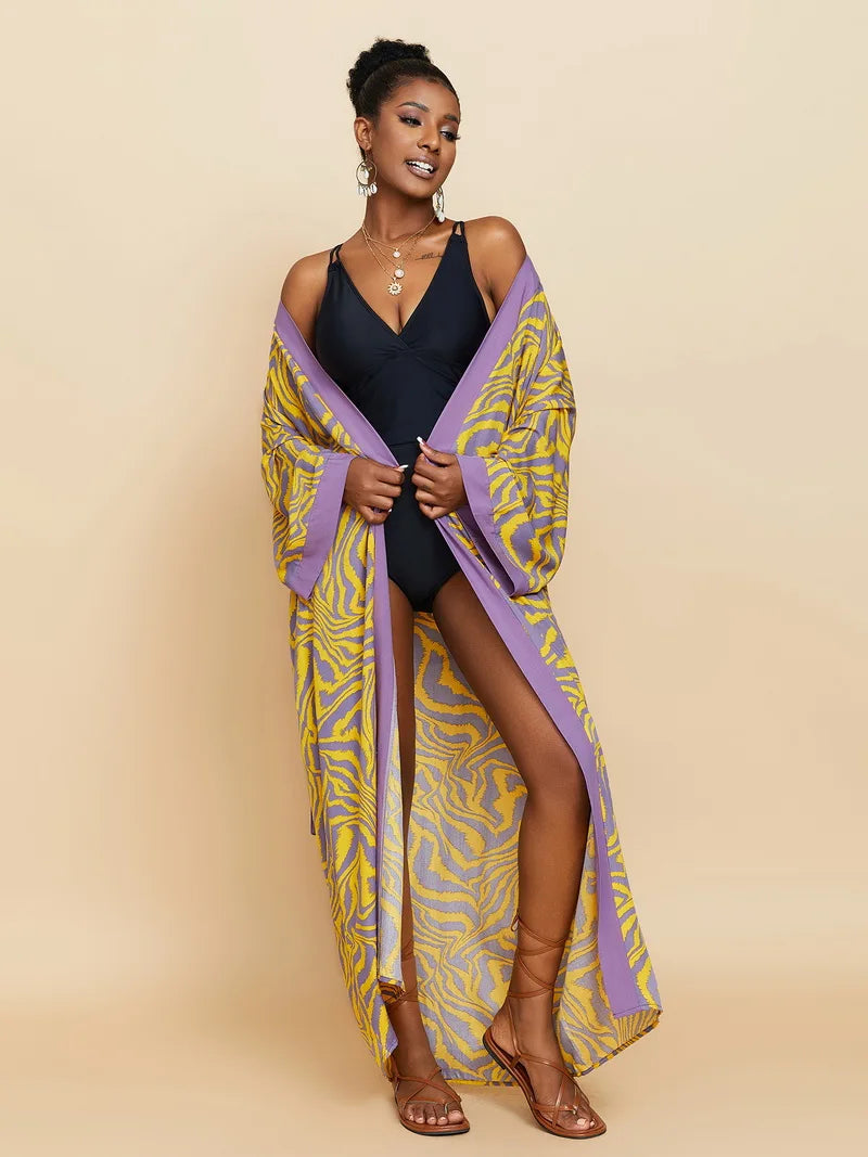 Para Praia Kimono Beach Robe Swimsuit Cover Ups Beachwear Long Flared Sleeve Dress Sarong Women Loose Cardigan Bikini Covers