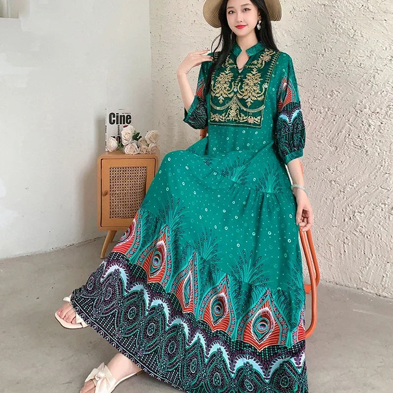 Summer Autumn Robe Maxi Long Dress Women Indian Clothes Boho Cotton Print Floral Boho Korean Style Fashion Casual Vestido Largos