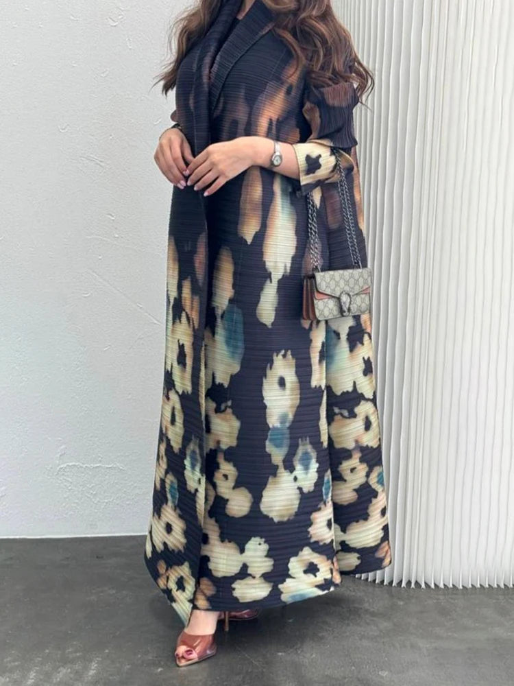 Miyake Pleated V-neck Batwing Sleeve Printed Dress Women Designer Abaya Fashion Summer Elegant Causal Loose Long Dress