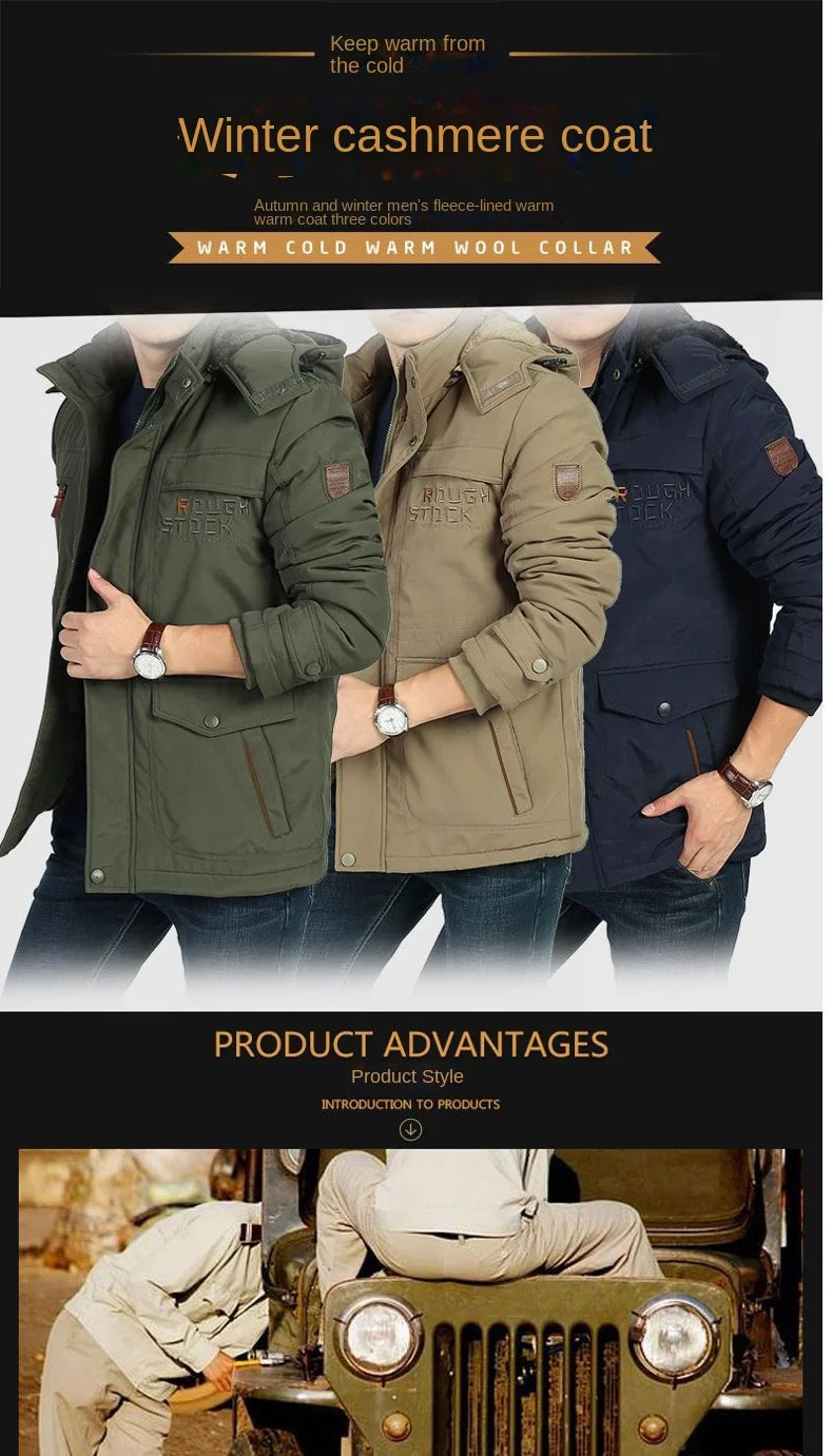 winter Parka Men's Multi-pocket Thickened Fleece-lined Cold-proof Padded Jacket Outdoor Camping Removable Cap Warm Men's Coat