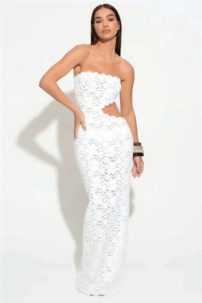 Blifanbo Backless Sexy Off-shoulder Maxi Dress Women Lace Sleeveless Strapless Hollow Out Skinny Club Party Long Dress Elegant