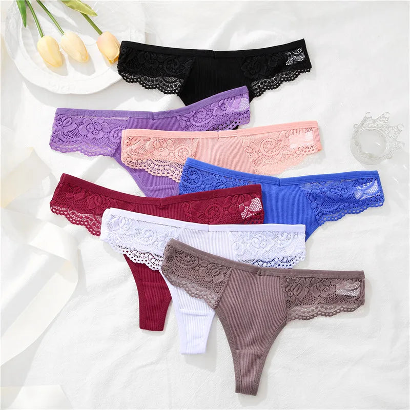 FINETOO 8Pcs Women's Cotton Underwear Lace Thongs Sexy Solid Color Low Waist Bikini Panties Ladies Breathable G-string Lingerie