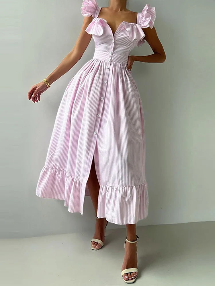 Flying Sleeve Ruffle Striped Slip Long Dress Women Elegant Square Collar Waist Cinching Pleat Party Dresses Chic Ladies Vestido