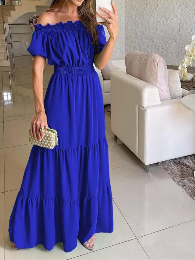 Women's Dress One-line Collar Spring And Summer Short-sleeved New Green Long Dress Fashion Casual Loose Beach Party Dresses Robe