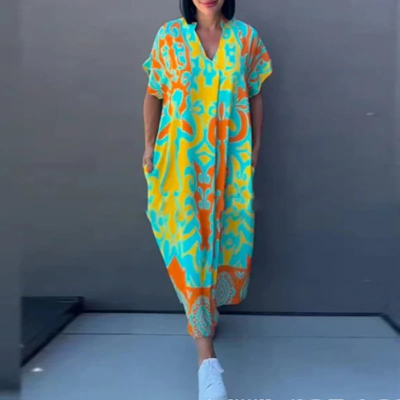 Retro Fashion Spring V Neck Party Dresses Woman Elegant Floral Print A-Line Long Dress 2025 Summer Short Sleeve Loose Boho Dress