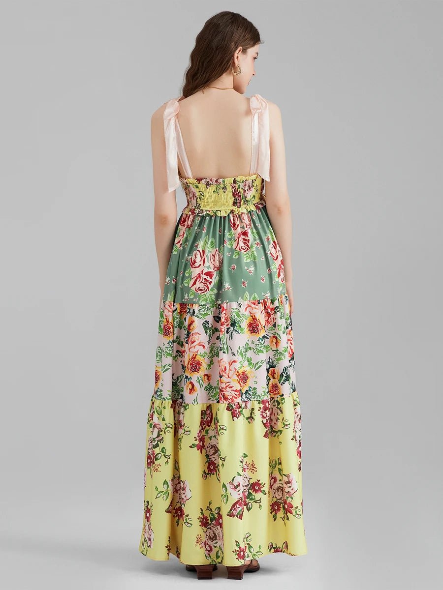 Combhasaki Women's Y2K Vintage Floral Print Ribbon Tie-Up Shoulder Straps Sleeveless V-Neck Summer Big Swing A-line Long Dress