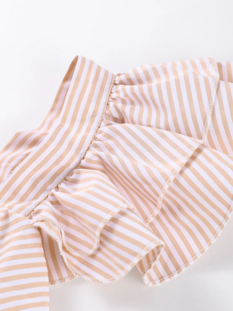 Flying Sleeve Ruffle Striped Slip Long Dress Women Elegant Square Collar Waist Cinching Pleat Party Dresses Chic Ladies Vestido