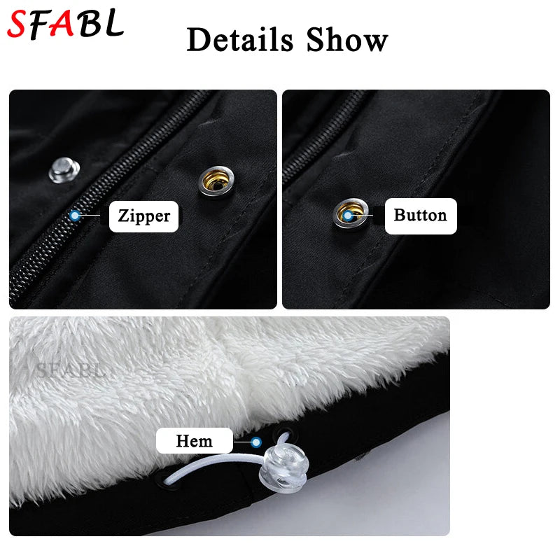 New Hooded Fleece Lining Men's Winter Jacket Coat Parka With Zipper Pockets Korean Winter Jackets for Men's Winter Coats Black
