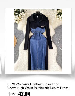 XFPV 2025 Spring New Fashion High-end V-neck Lantern Sleeves High Waist Print Swing Ruffle Edge Chiffon Long Dress Women SM11517