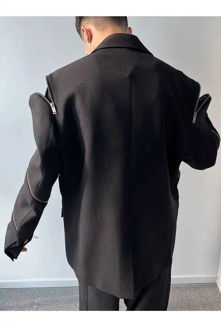 IEFB Zipper Men Suit Personalized Design Coat Casual 2023 Solid Color Long Sleeve Zipper Decoration Male Jacket Darkwear 9A5018