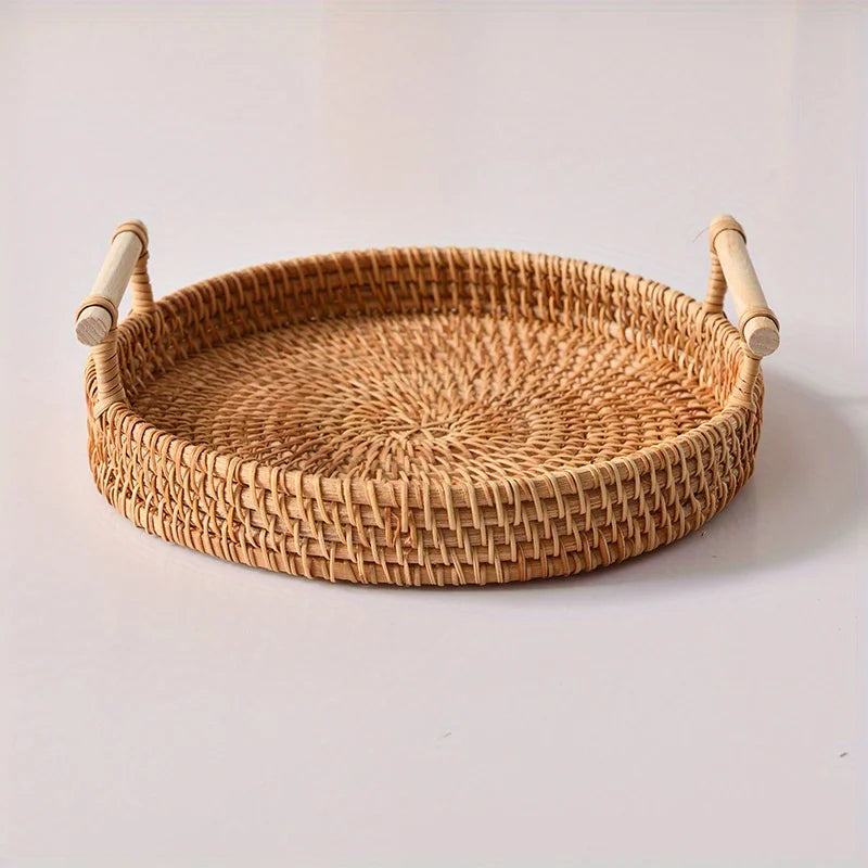 Rattan Tray Round Storage Basket Tray with Handles Natural Hand Woven Baskets Bread Fruit Food Plate Tray Home Kitchen Supplies
