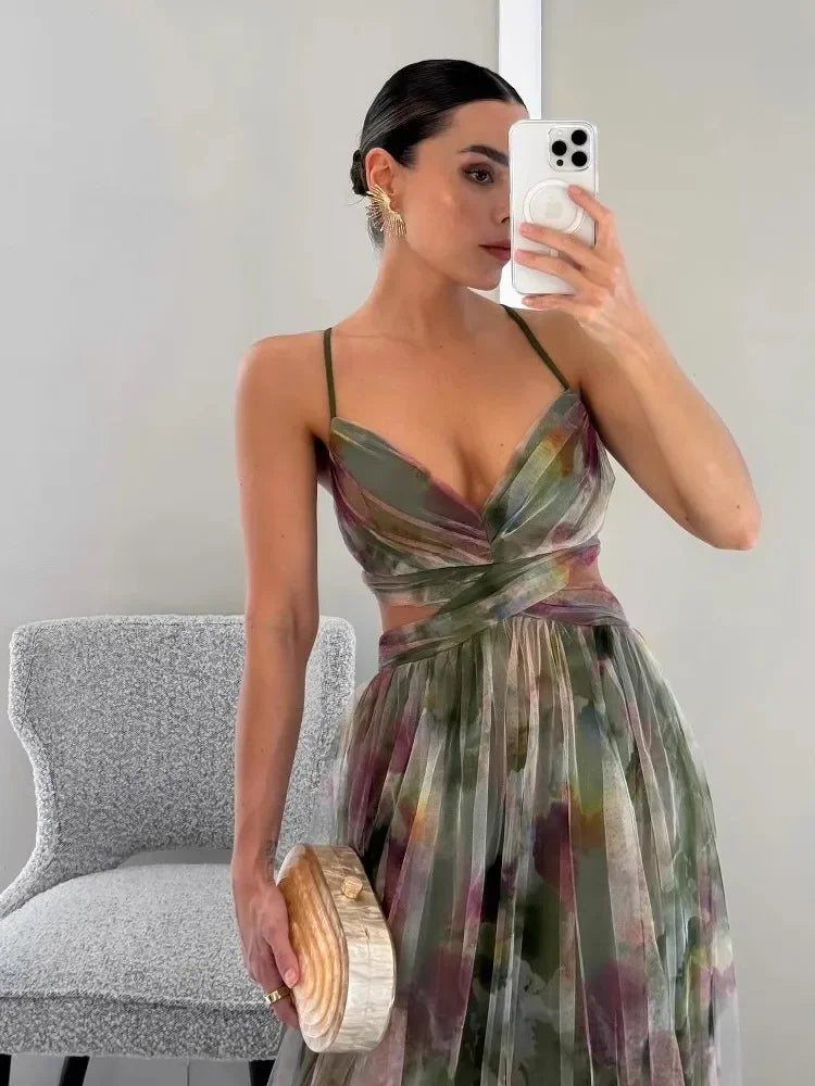 Color Mesh Spaghetti Strap Dresses Women Fashion Sexy V-neck Backless Leace-up Party Club Long Dress Female Evening Vestidos New