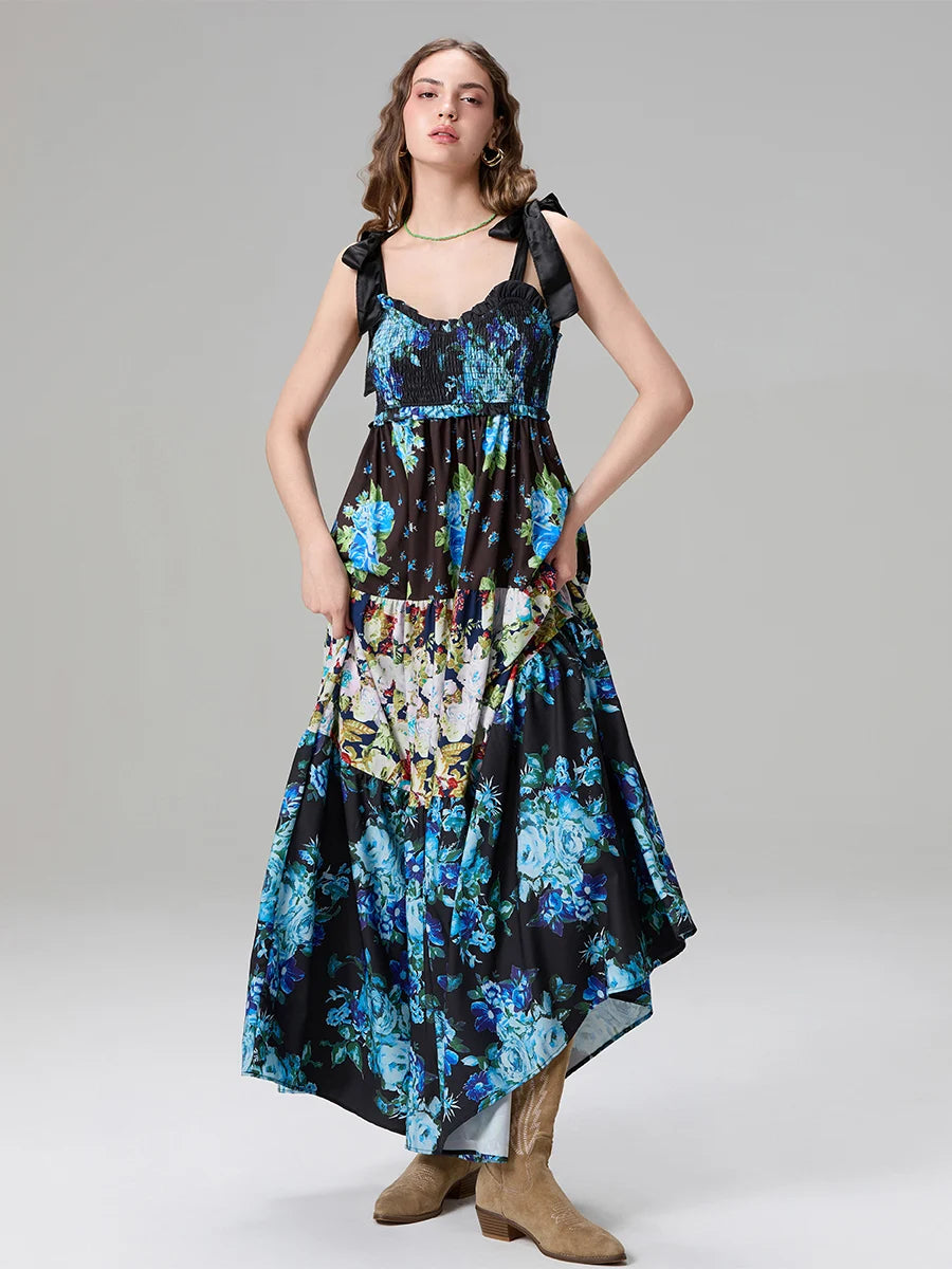 Combhasaki Women's Y2K Vintage Floral Print Ribbon Tie-Up Shoulder Straps Sleeveless V-Neck Summer Big Swing A-line Long Dress