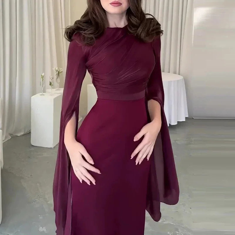 Fashion Satin Solid Robe Dress Women Elegant Batwing Sleeves High Waist Pleats Long Dress Stylish Glass Tulle Slim Evening Dress
