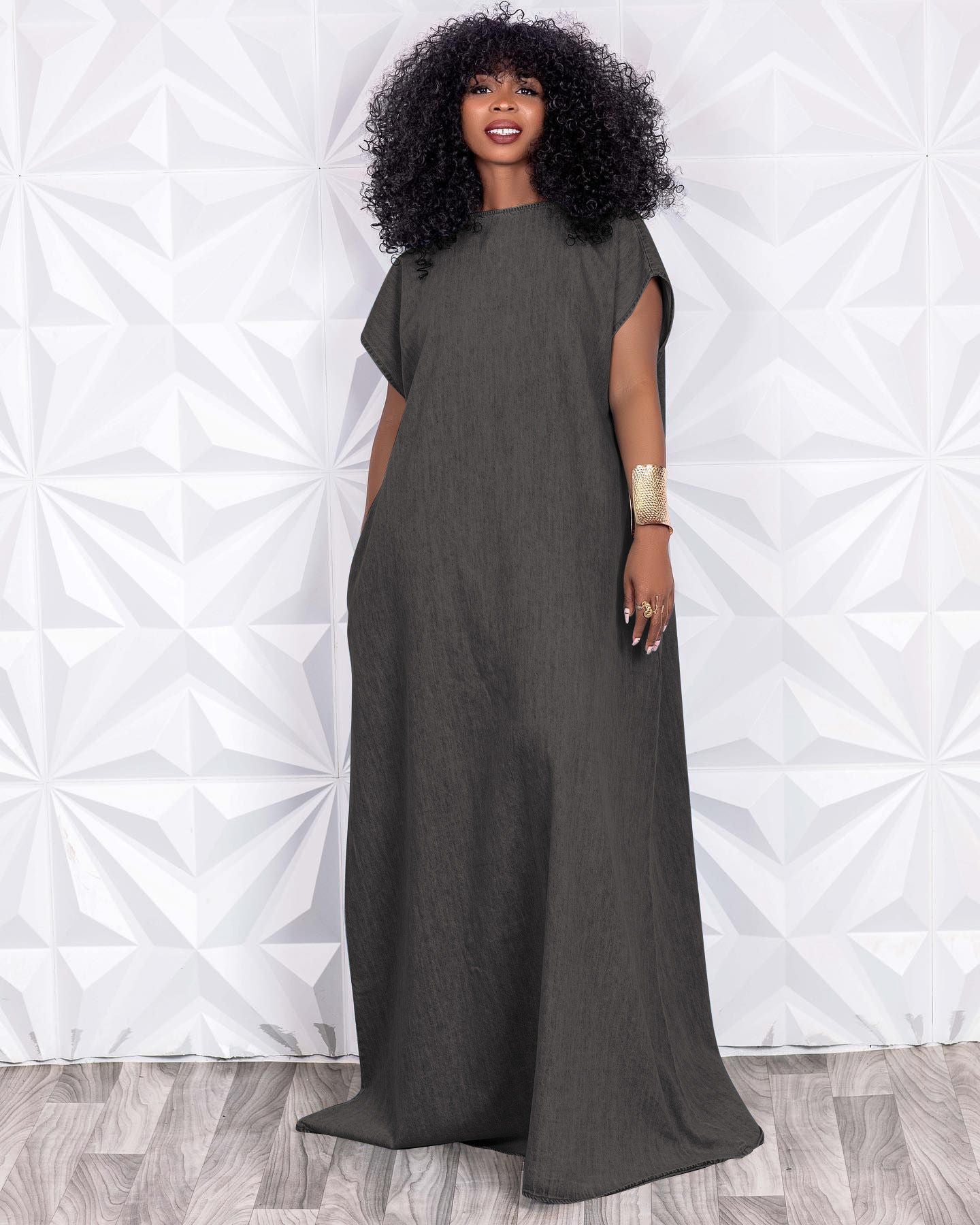 CM.YAYA Vintage Women Fashion Batwing Short Sleeve Denim V-back Loose Slim Maxi Long Dress 2023 High Street Vestido Jean Dresses