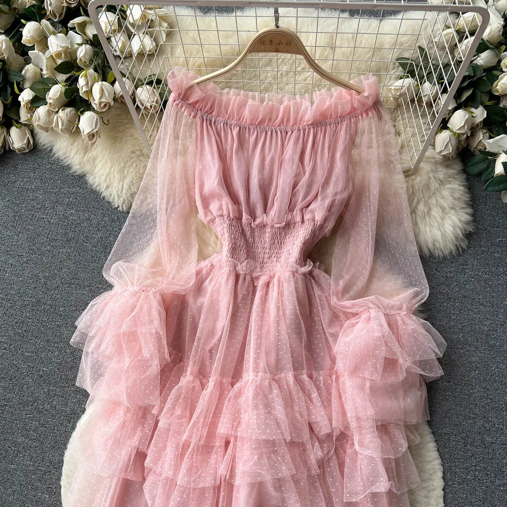 SINGREINY Mesh Party Long Dress Women Ruffle Long Sleeve Slash Neck Elastic Waist French Ladies Summer Elegant A Line Dresses